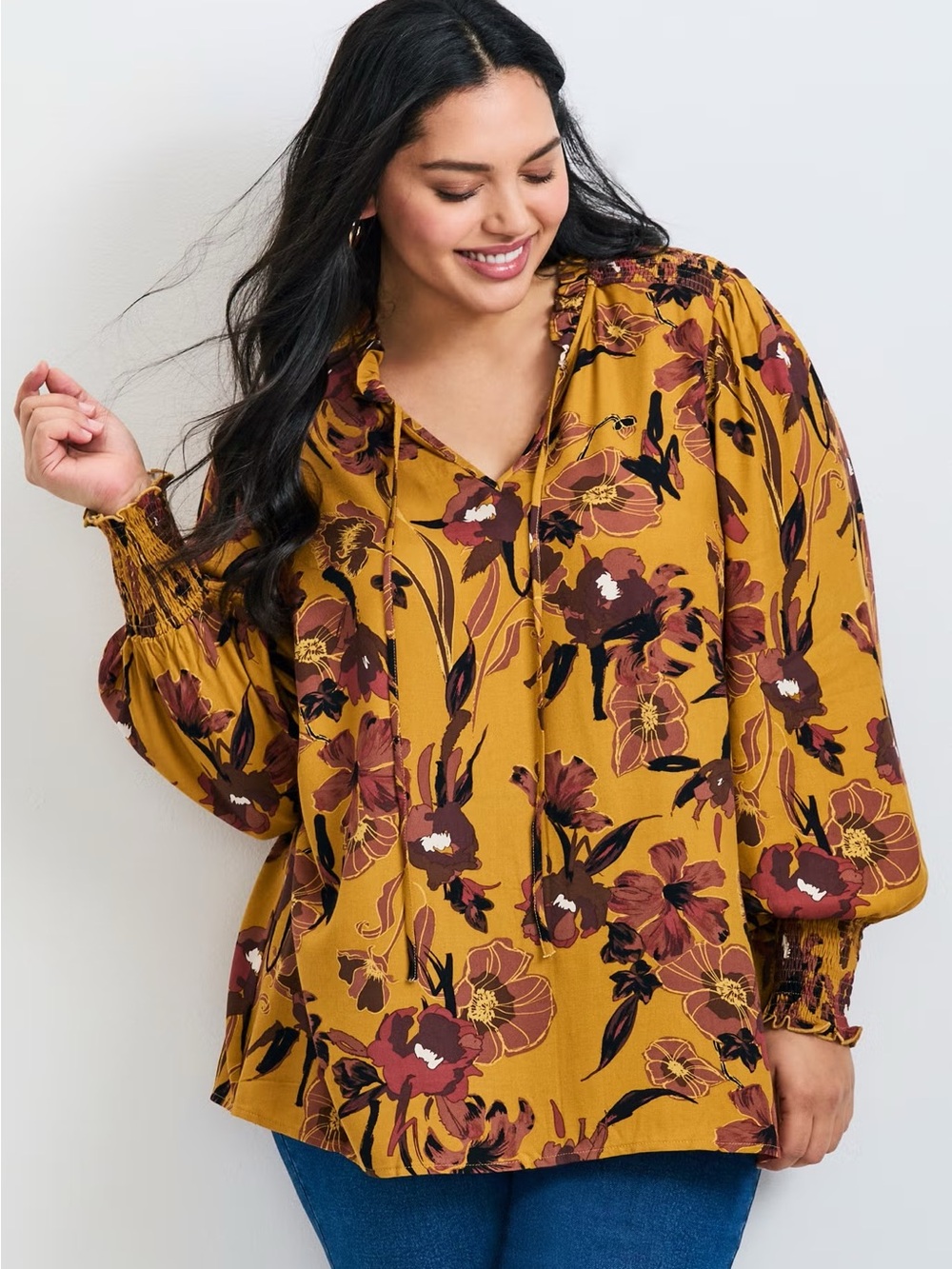 Avenue Plus Size Mustard Floral Tie-Neck Tunic